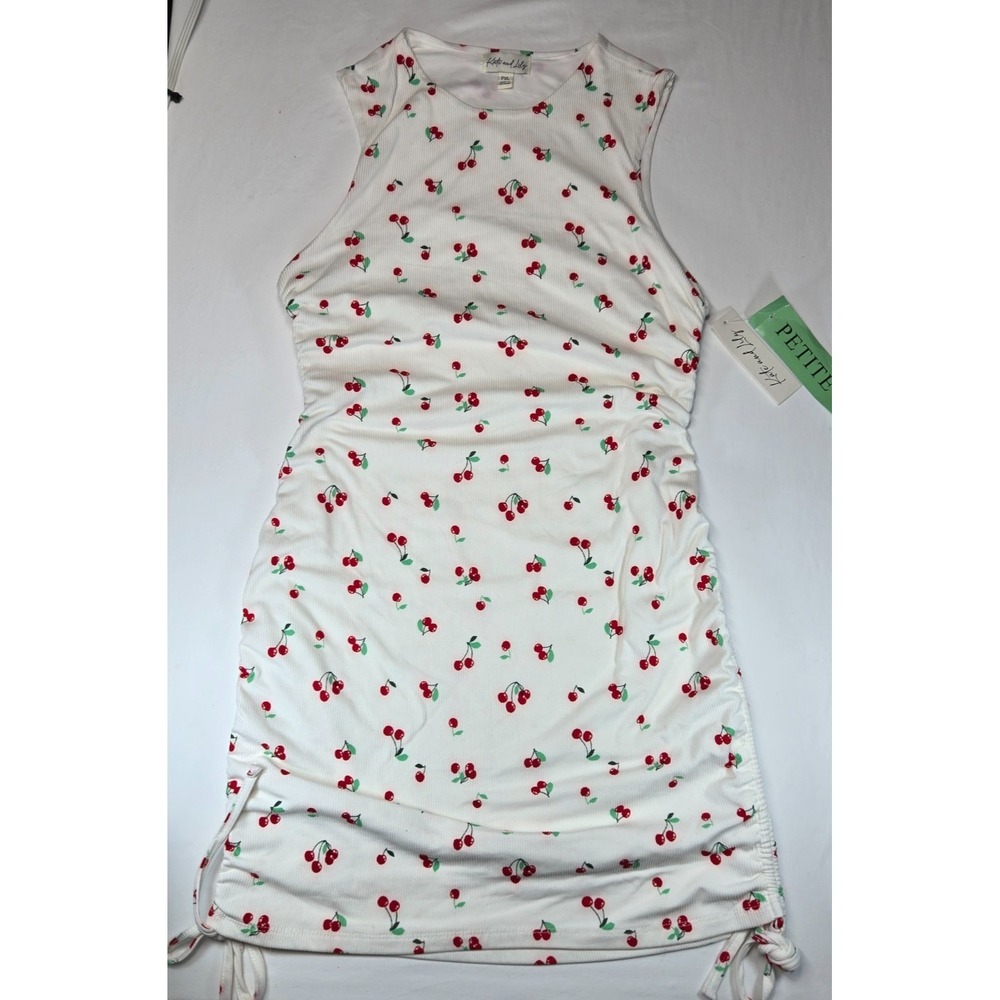 Kate and Lily Petite Cherry Print Ruched Dress PXL NWT White Stretch
